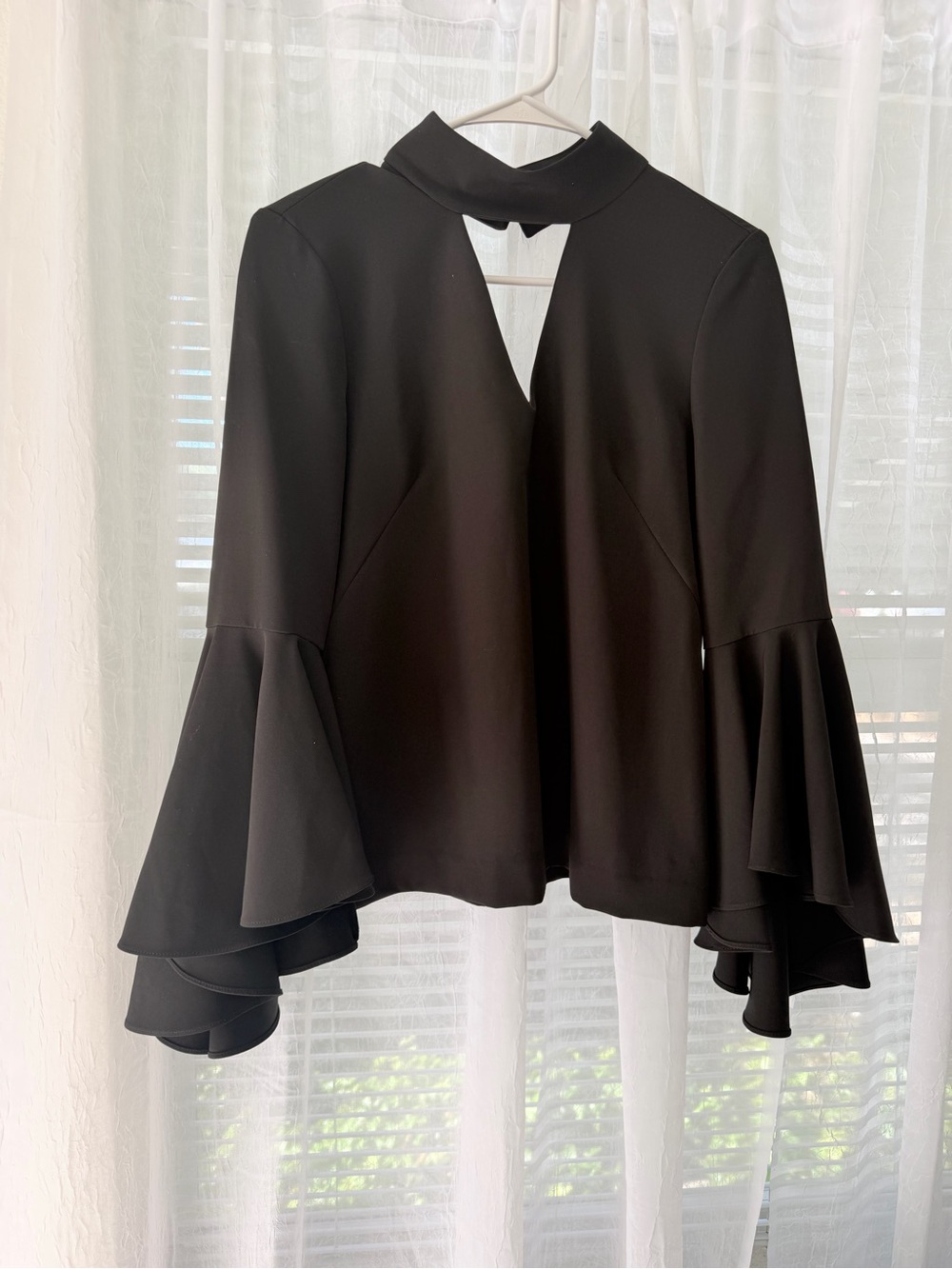 Milly Black Mock-Neck Blouse with Tiered Bell Sleeves